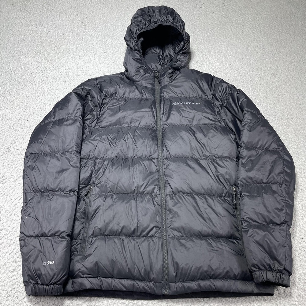 Eddie Bauer EB650 Jacket Mens Small Gray Down Hooded‎ Puffer Quilted Outdoor